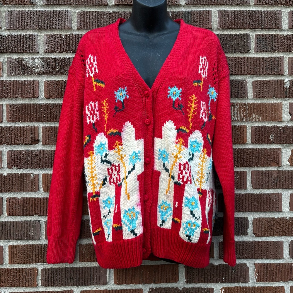 Accento Women’s Sz L Handmade in Peru button up red multicolor cardigan